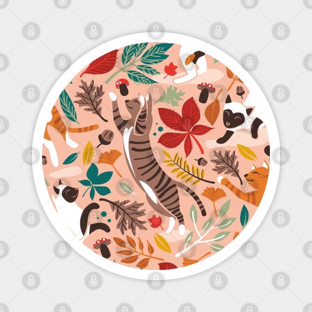 Autumn joy // pattern // flesh coral background cats dancing with many leaves in fall colors Magnet by SelmaCardoso